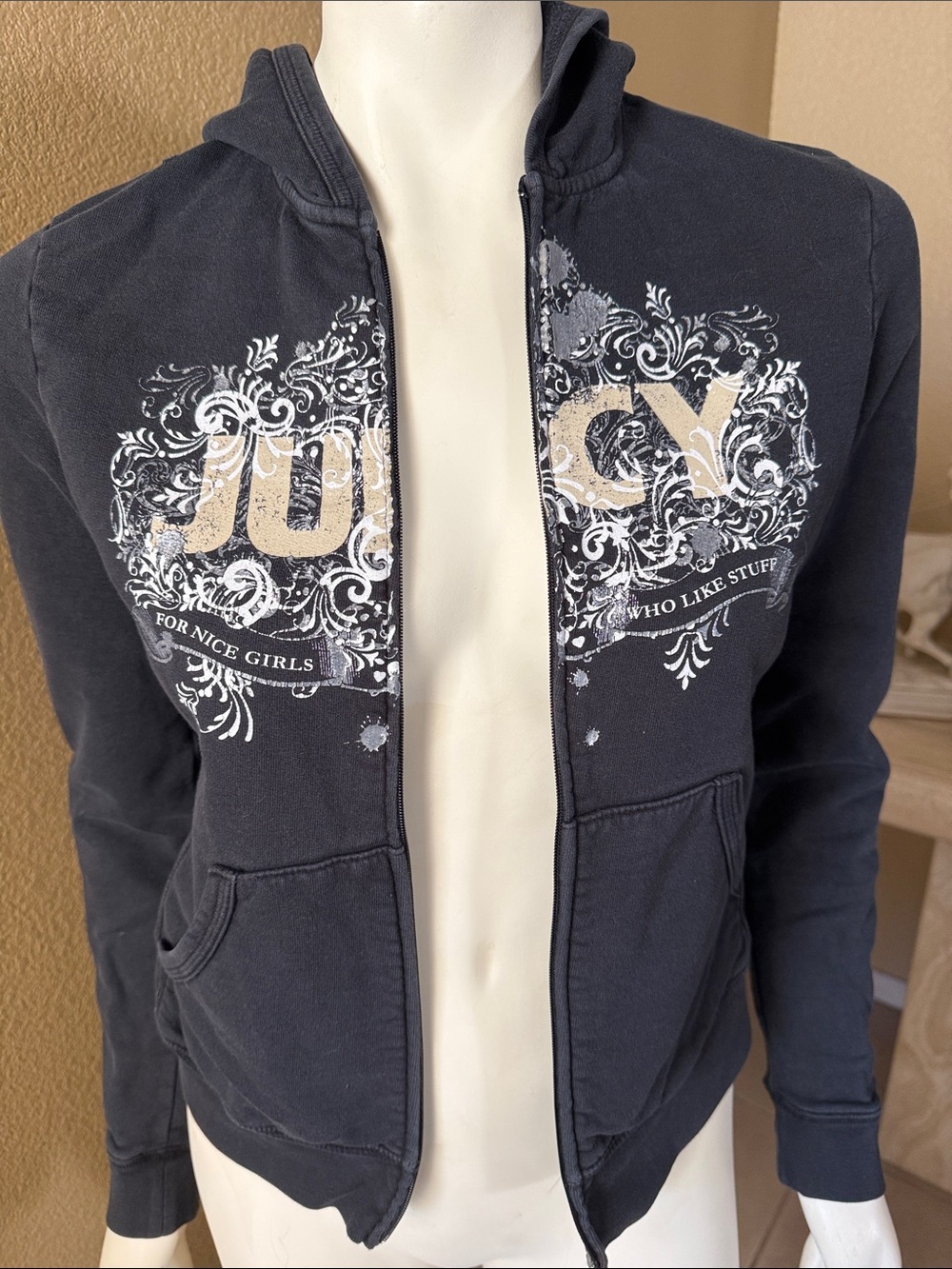 Juicy Couture Black Bomber Hoodie with Cream & White Graphic